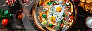 a traditional Mexican breakfast with dishes such as chilaquiles. photo