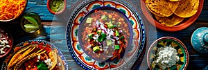 a traditional Mexican breakfast with dishes such as chilaquiles. photo