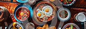 a traditional Mexican breakfast with dishes such as chilaquiles. photo