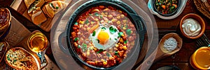 a traditional Mexican breakfast with dishes such as chilaquiles. photo