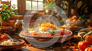 a traditional Mexican breakfast with dishes such as chilaquiles. photo