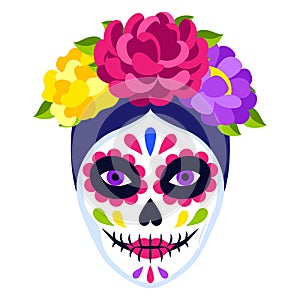 Traditional Mexican Catrina head skull. Dia de los muertos. Day of the Dead symbol with flowers.
