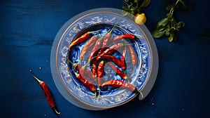 Traditional mexican chiles en nogada on blue plate, served in minimalistic setting on rustic table photo