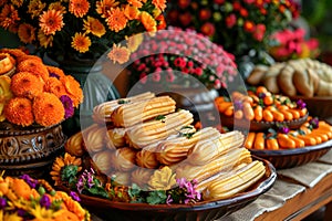 Traditional Mexican conchas and marigold flowers, ideal for cultural celebrations and culinary guides. Trendy Mexican