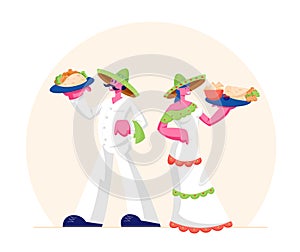Traditional Mexican Food Concept. Man and Woman Wearing Sombrero and Latino Dress Holding Trays with Taco