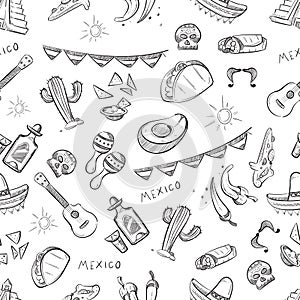 Traditional mexican food, mexico culture elements vector seamless pattern
