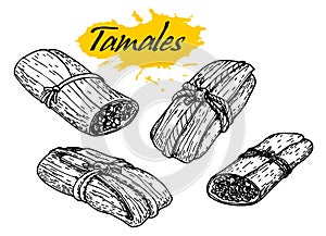 Traditional mexican food tamales. Hand drawn sketch style vector illustration. Best for restaurant menu designs, flyers