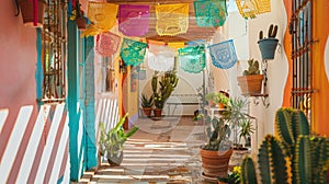 Traditional Mexican patio decorated with colorful papel picado, a table with a vibrant tablecloth, and cacti