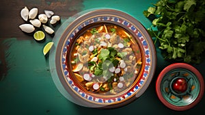Traditional mexican pozole in green bowl on vintage table, top view with minimalist vibes photo