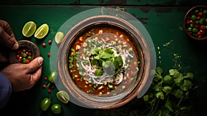 Traditional mexican pozole served on green plate, top view on rustic wooden table photo