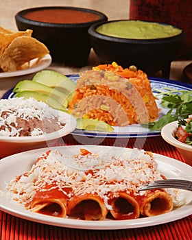 Traditional mexican red enchilada dinner