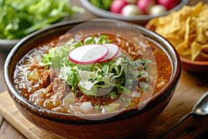 Traditional mexican red pozole in bowl on wooden table photo