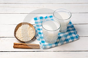 Mexican rice horchata with cinnamon on white background