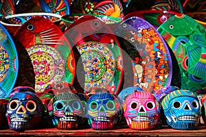 Traditional Mexican souvenirs. Multi-colored ceramic skulls and tableware in the gift shop. Symbol of the day of the dead.