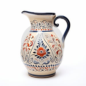 Traditional Mexican Style Blue And Orange Painted Wheel Pitcher