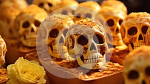 Traditional Mexican sugar skulls for Day of dead celebration, close-up, selective focus. photo