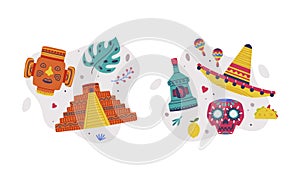 Traditional Mexican symbols set. Ancient aztec pyramid, tequila bottle, sombrero hat, sugar skull cartoon vector