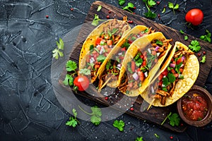 Traditional Mexican Tacos with Fresh Cilantro on Rustic Wooden Board, Delicious Street Food Concept