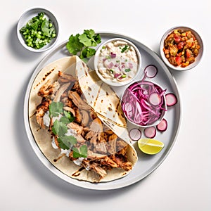 Traditional mexican tacos with grilled meat, vegetables and sauce on white background