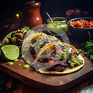 Traditional mexican tacos Mex Traditional mexican tacos with meat and vegetables on wooden table.ican Taco: with beef, vegetables photo