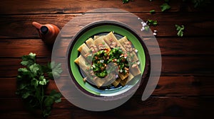 mexican tamales top view served on a plate, on table with minimalistic setting photo