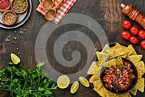 Traditional Mexican tomato sauce salsa with nachos and ingredients tomatoes, chile, garlic, onion on dark old wooden background.