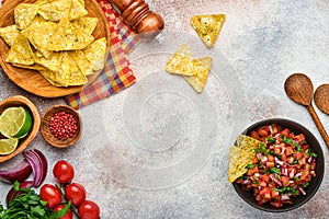 Traditional Mexican tomato sauce salsa with nachos and ingredients tomatoes, chile, garlic, onion on light slate stone background