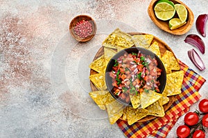 Traditional Mexican tomato sauce salsa with nachos and ingredients tomatoes, chile, garlic, onion on light slate stone background