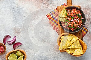 Traditional Mexican tomato sauce salsa with nachos and ingredients tomatoes, chile, garlic, onion on light slate stone background