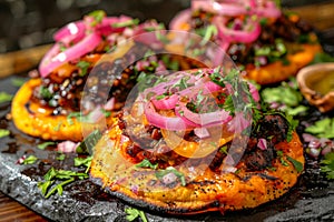 Traditional Mexican Tostadas with Spicy Beef, Beans, Cheese, and Pickled Onions on Rustic Wooden Background