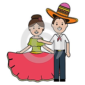 Traditional mexicans couple with mariachi hat characters