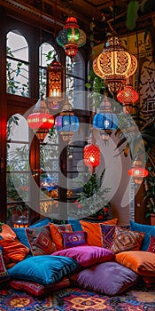 Traditional Middle Eastern Courtyard Ambiance. An inviting Middle Eastern courtyard featuring vibrant hanging lanterns, ornate