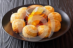 Traditional Middle Eastern dessert kataifi with honey close-up.