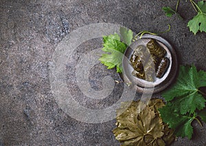 Traditional Middle Eastern dolma or tolma. Grape leaves stuffed with meat and rice. On Gray plate, gray concrete photo