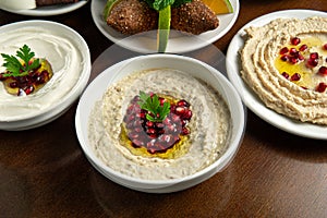 Traditional Middle Eastern food. Lebanese food. Arabian Baba Ghanoush with Pomegranate seeds, Labneh yorgut, Hummus