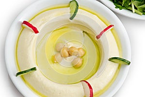 Traditional Middle Eastern hummus plate. top View