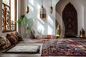 Traditional middle eastern interior with ornate rugs and Arabic lanterns in sunlit room