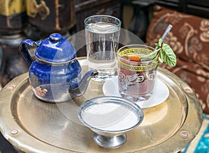 Traditional mint tea set on copper table, Cairo, Egypt