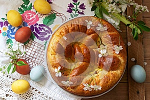 Traditional Moldavian and Romanian Easter cake with curd filling and decoration in the form of a cross.