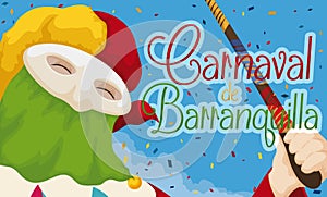 Traditional Monocuco Celebrating Barranquilla`s Carnival with Confetti, Vector Illustration