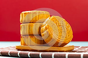 traditional moon cake horizontal composition the Chinese on the mooncake means five kernels