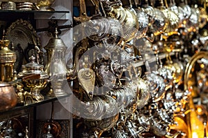 Traditional Moroccan market with souvenirs. Traditional handmade lamps