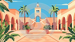 A traditional Moroccan postcard with arches, towers, stairs, in the style of ancient Marrakesh and Medinas. Traditional