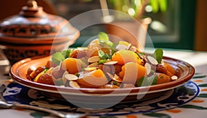 Traditional Moroccan Tagine with Apricots and Almonds, AI Generated