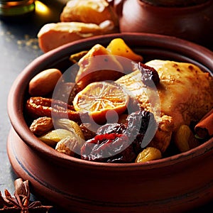 Traditional moroccan tajine of chicken with dried fruits and spices, selective focus