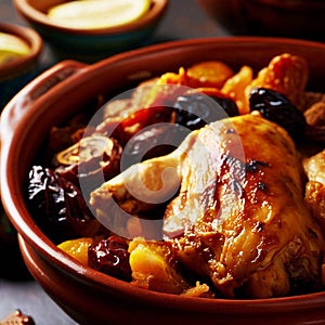 Traditional moroccan tajine of chicken with dried fruits and spices, selective focus