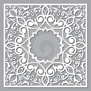 Traditional Moroccan vector wall panel design - mandala in floral frame or border in black on gray background