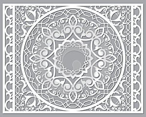 Traditional Moroccan vector wall panel design - mandala in floral recatngle frame or border in white on gray background