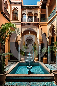 A traditional morrocan riad, with ornate fountains, intricate tilework, hidden oasis of tranquility, travel destinatiom photo
