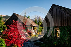 Traditional mountain cottages and Krivan mountain peak, Vysoke Tatry, Slovakia